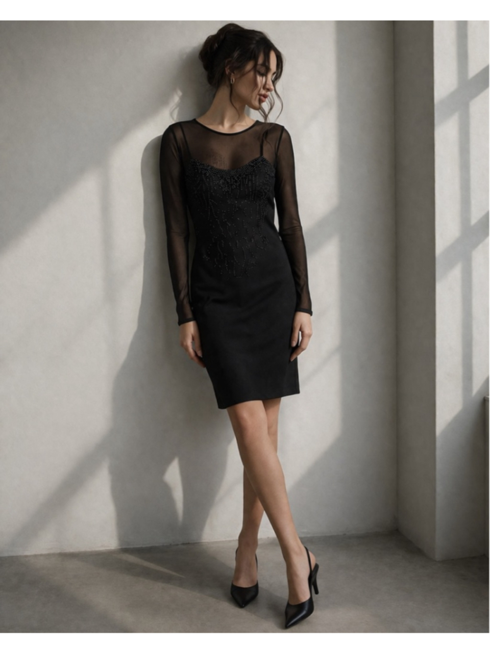 Vintage Tadashi Black Beaded Mesh Illusion Dress Sheer Sleeve 90s Minimal